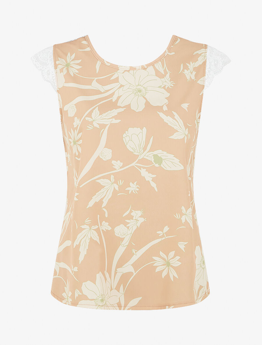 Top imprimé feuilles à détail dentelle - Camel - 4