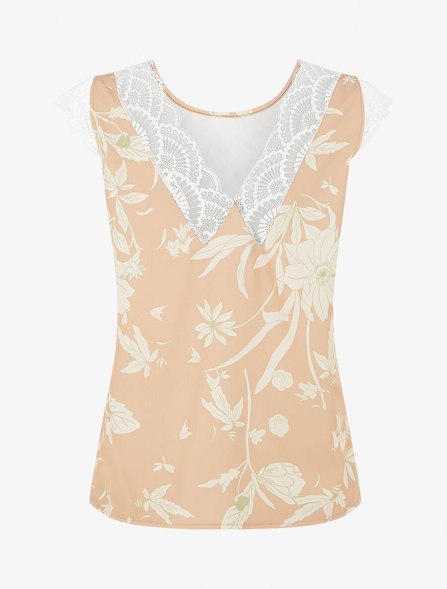 Top imprimé feuilles à détail dentelle - Camel - 2