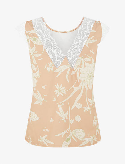 Top imprimé feuilles à détail dentelle - Camel - 2