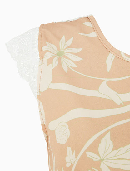 Top imprimé feuilles à détail dentelle - Camel - 3