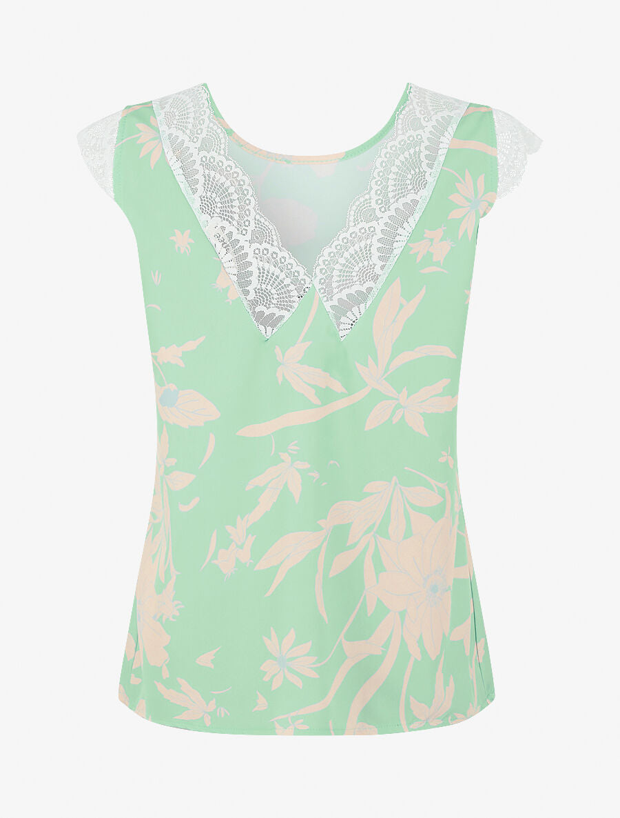 Top imprimé feuilles à détail dentelle - Vert d&