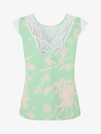 Top imprimé feuilles à détail dentelle - Vert d&