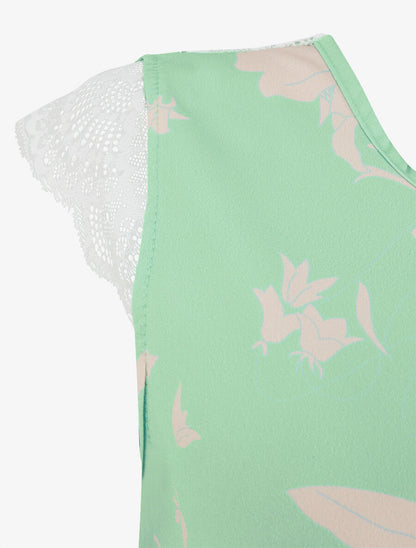 Top imprimé feuilles à détail dentelle - Vert d&