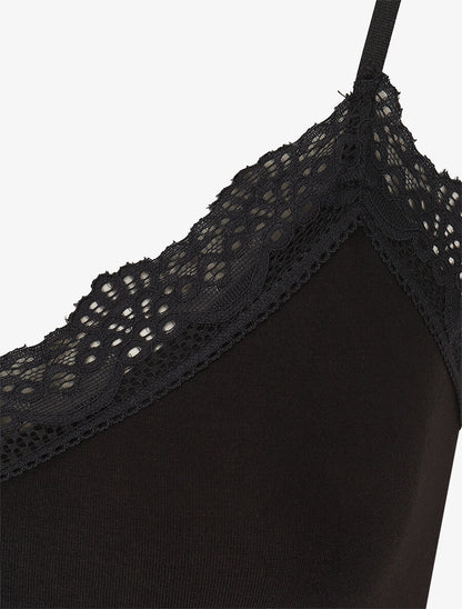 Body uni à bretelles et col V dentelle - Noir - 3