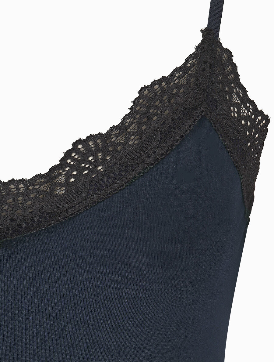 Body uni à bretelles et col V dentelle - Marine - 3