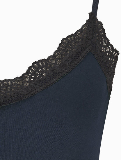 Body uni à bretelles et col V dentelle - Marine - 3