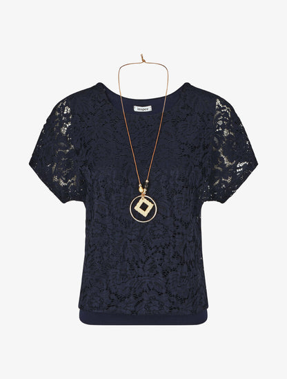 Top uni en broderies - Marine - 5