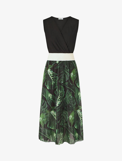 Robe longue bi-matière sans manches imprimé tropique - Noir - 5