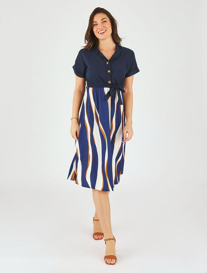 Robe midi manches courtes motifs graphiques - Marine - 4