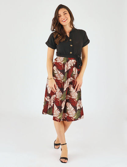 Robe midi manches courtes motif tropical - Noir - 4