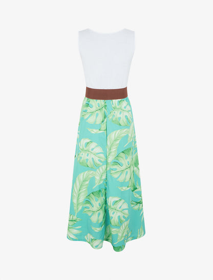 Robe longue évasée bi-matière imprimé tropical - Turquoise - 2