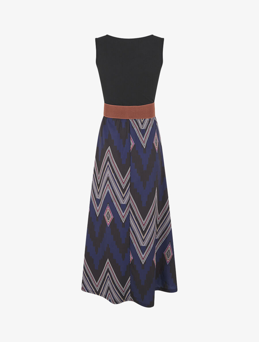 Robe longue évasée bi-matière imprimé graphique - Marine - 2