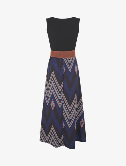 Robe longue évasée bi-matière imprimé graphique - Marine - 2
