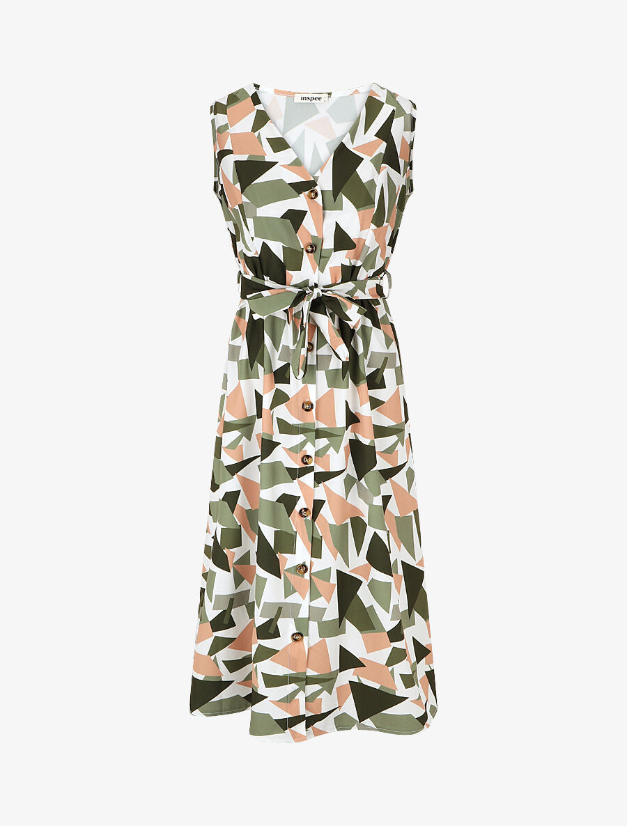 Robe midi droite sans manches imprimé triangles - Kaki - 5