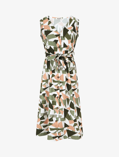 Robe midi droite sans manches imprimé triangles - Kaki - 5