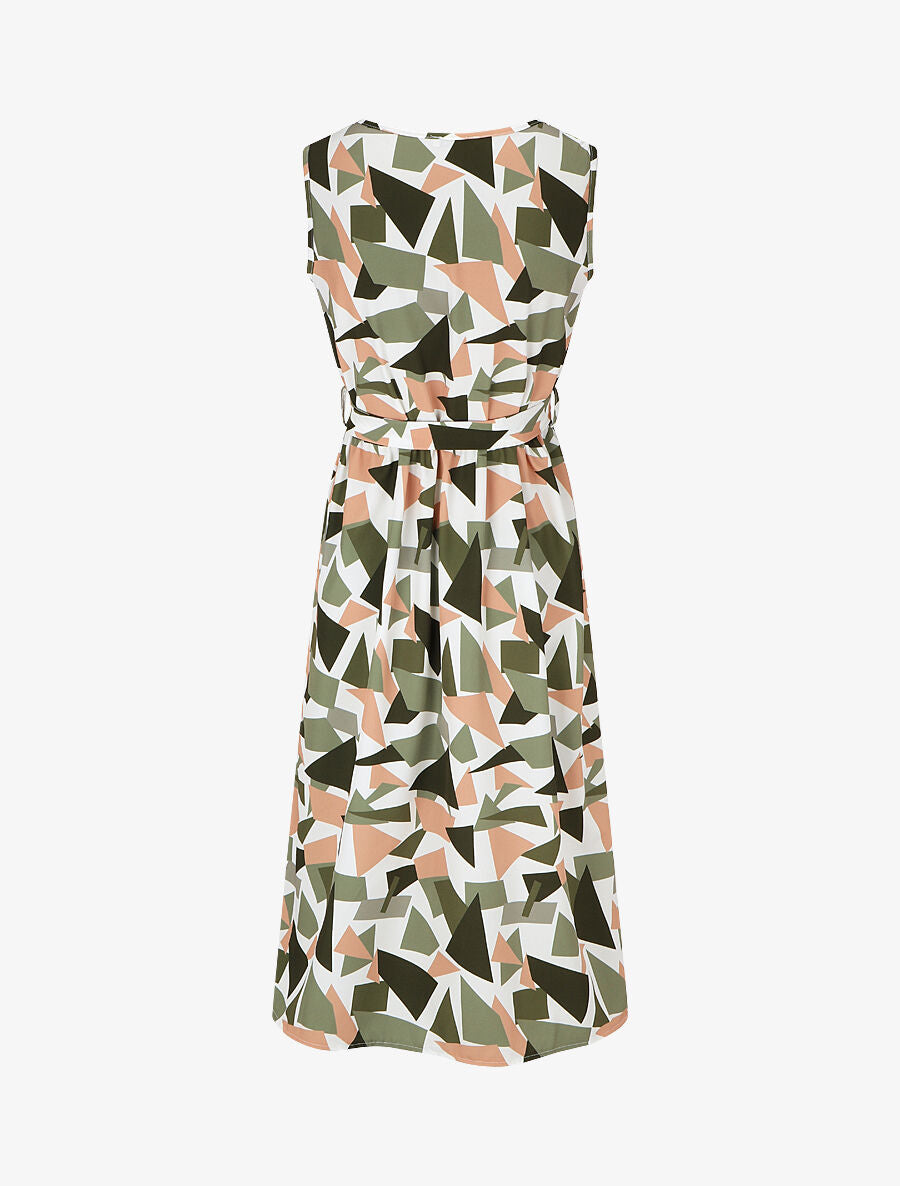 Robe midi droite sans manches imprimé triangles - Kaki - 2