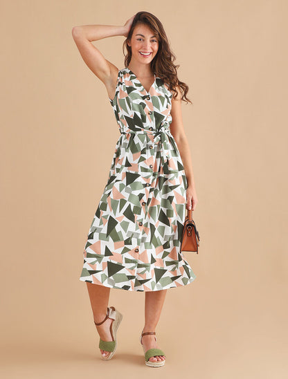 Robe midi droite sans manches imprimé triangles - Kaki - 4