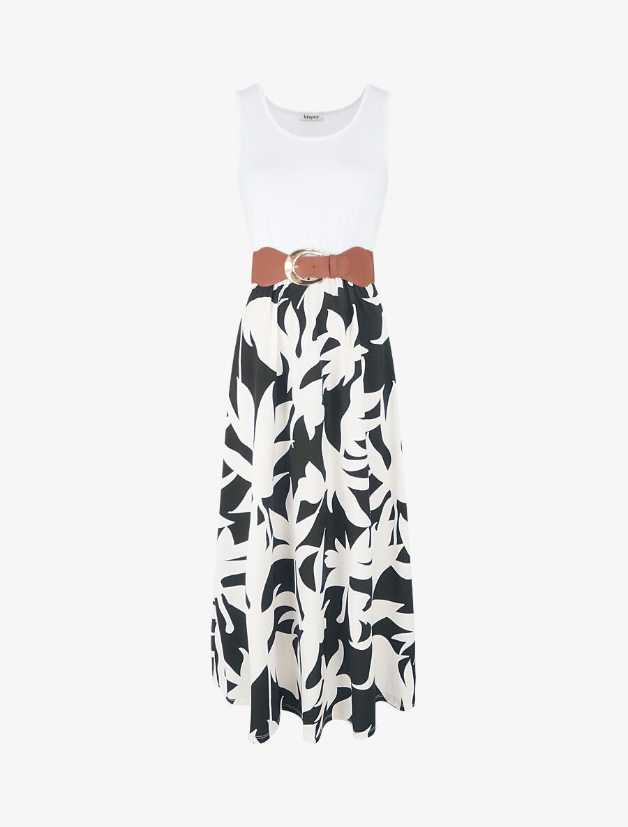 Robe longue à jupe imprimé feuillage - Noir - 1