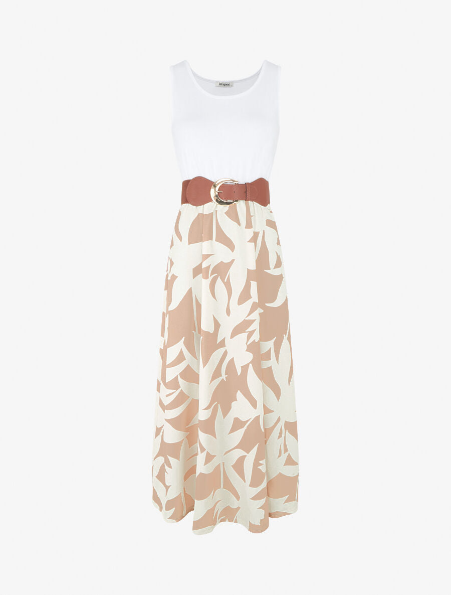 Robe longue à jupe imprimé feuillage - Camel - 1