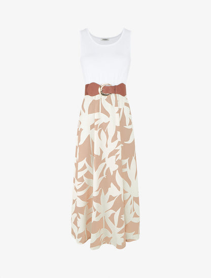 Robe longue à jupe imprimé feuillage - Camel - 1