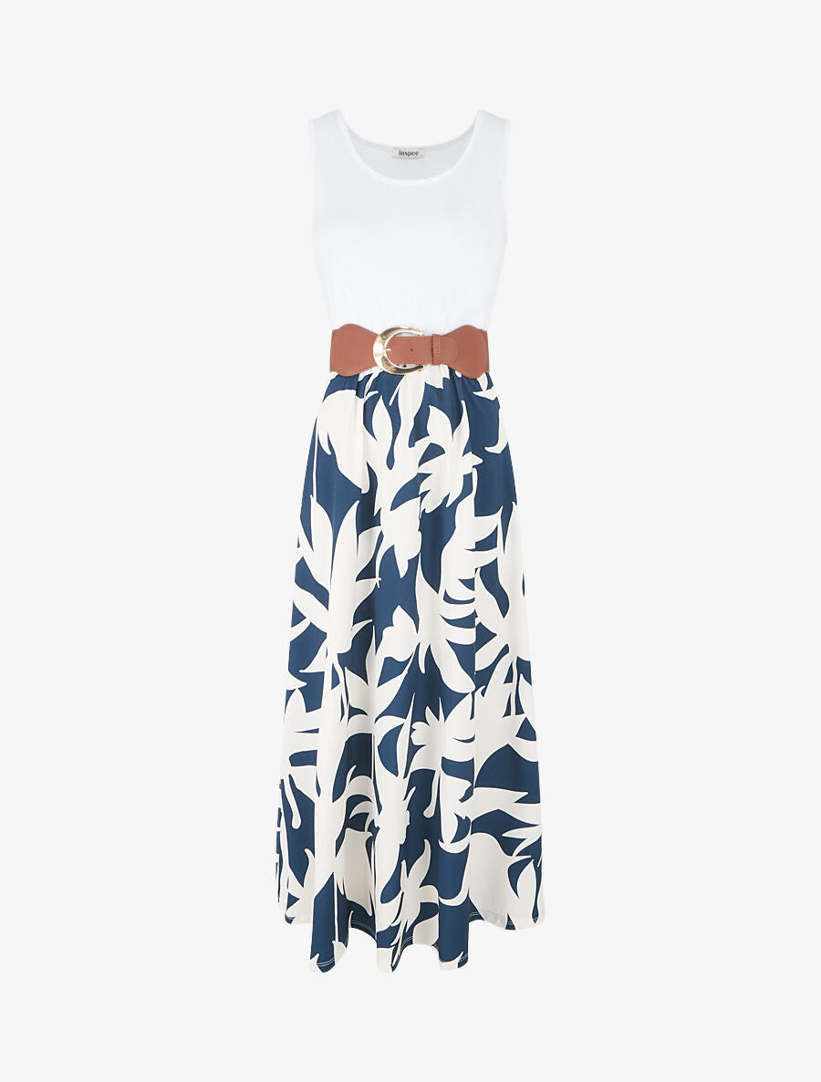 Robe longue à jupe imprimé feuillage - Marine - 6