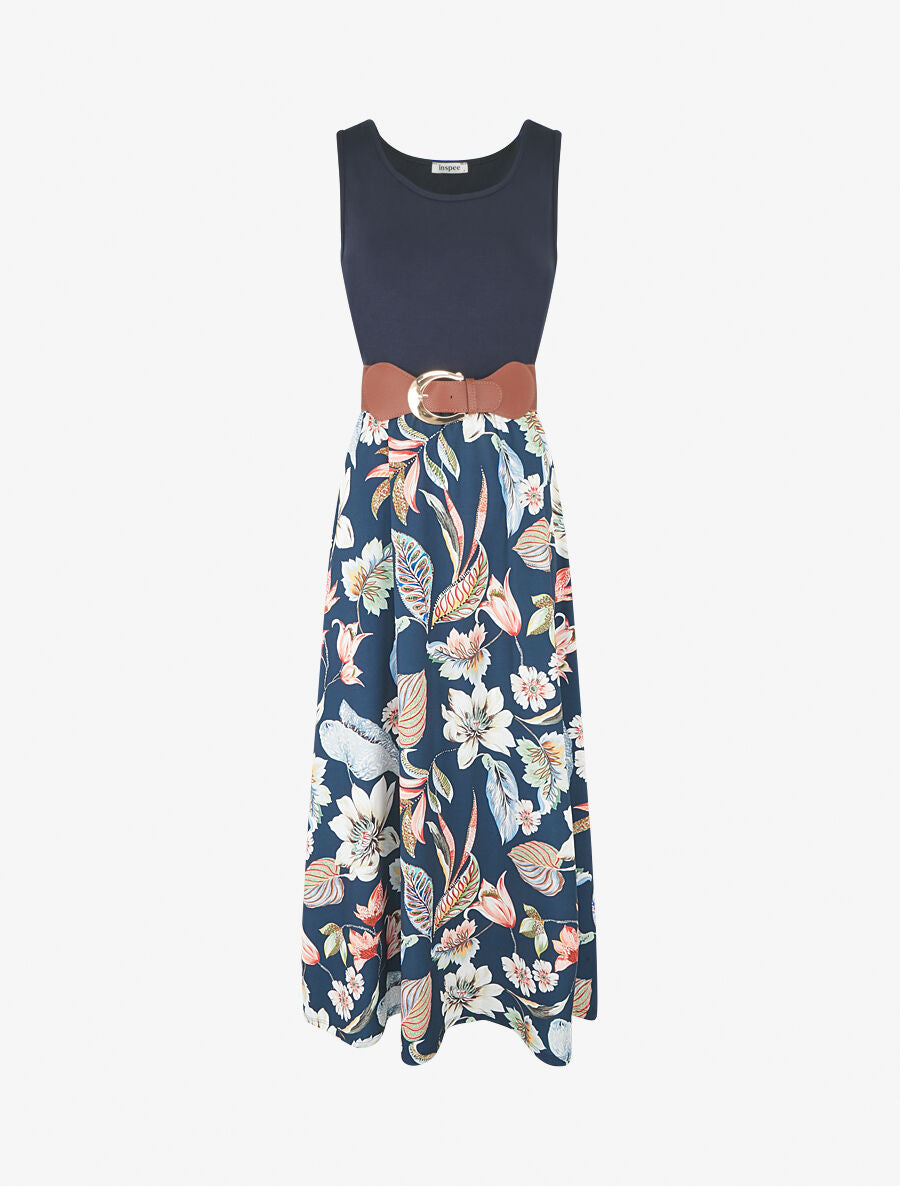 Robe longue à jupe imprimé fleuri - Marine - 8