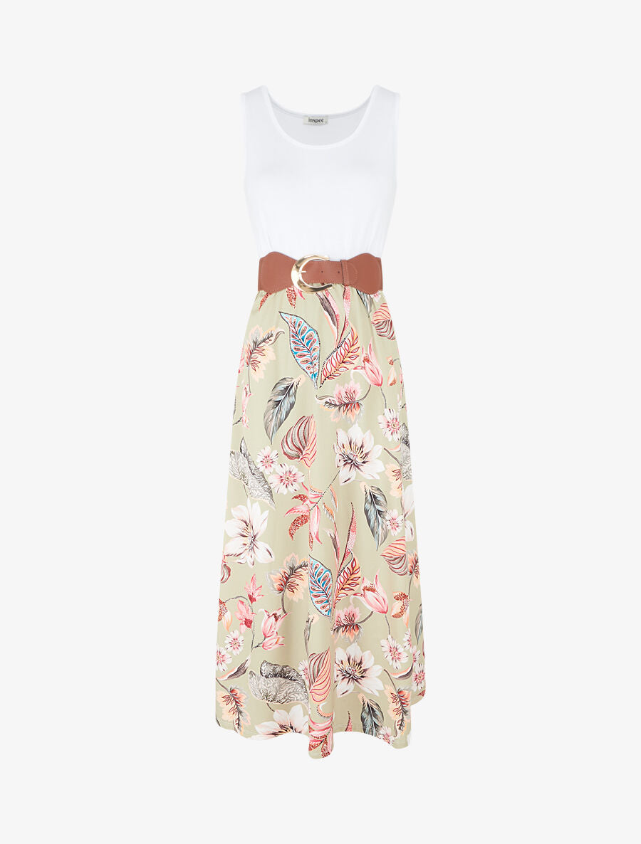 Robe longue à jupe imprimé fleuri - Vert anis - 5