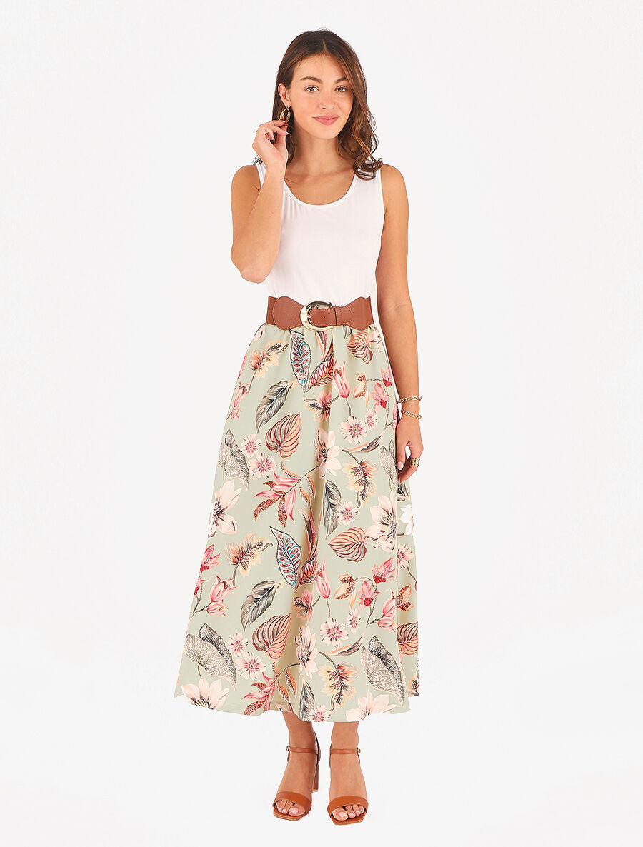 Robe longue à jupe imprimé fleuri - Vert anis - 4