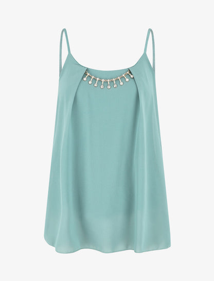 Top uni en voile à bretelles et bijou - Vert d&