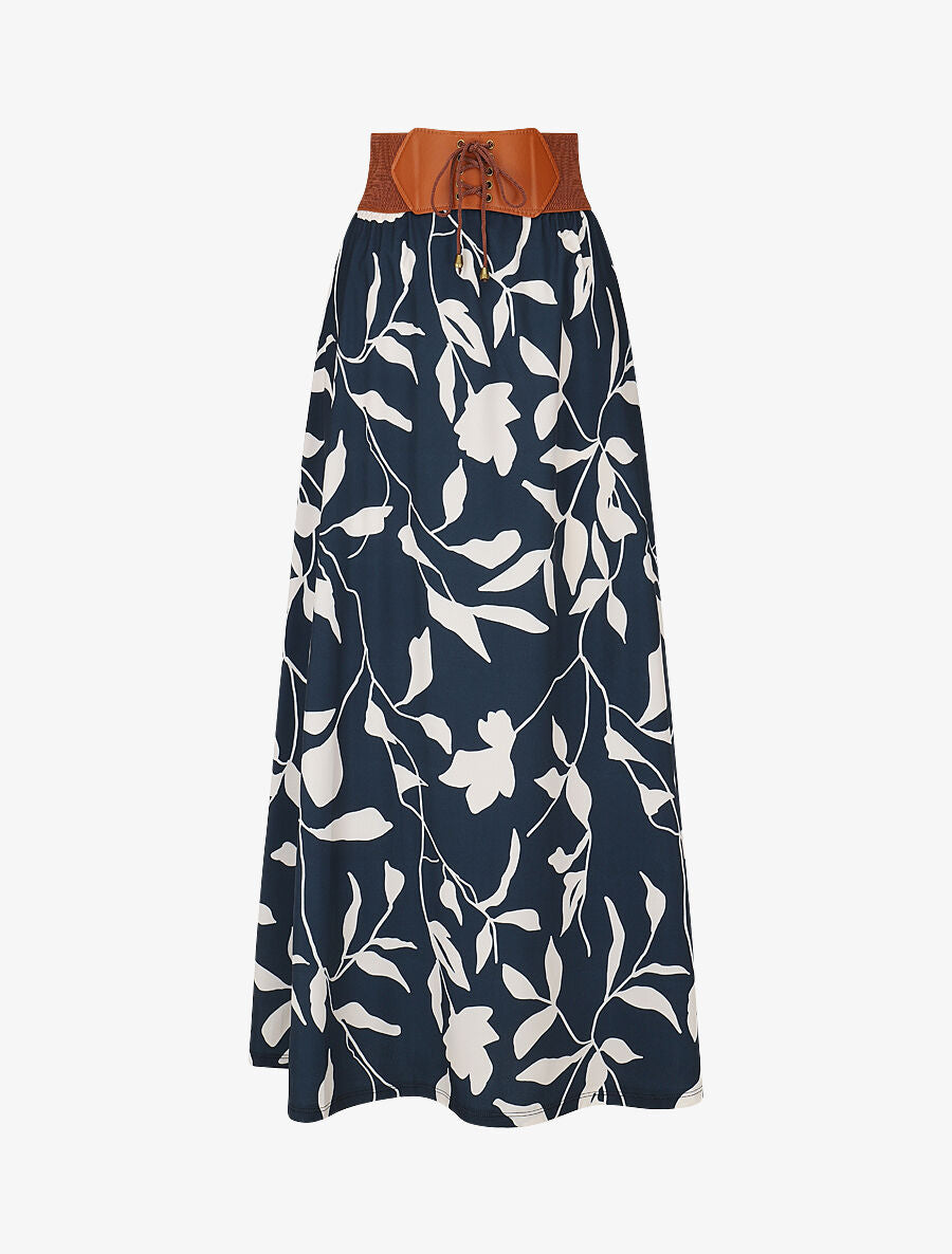 Jupe longue taille haute élastiquée imprimé fleurs abstraites - Marine - 7