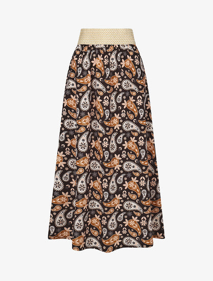 Jupe longue élastiquée imprimé foulard - Noir/camel - 4