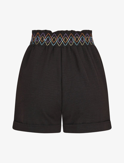 Short élastiqué uni à revers - Noir - 2