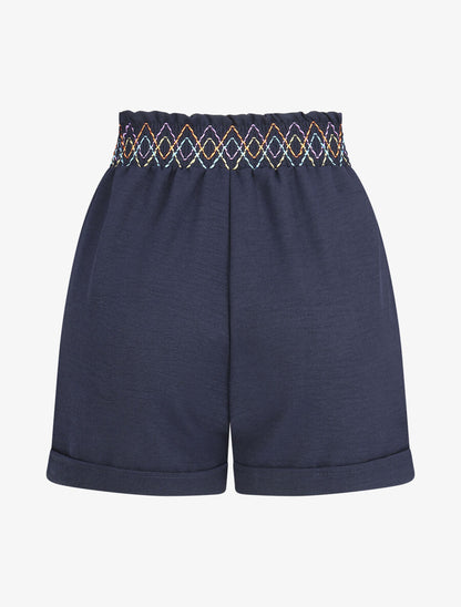 Short élastiqué uni à revers - Marine - 2