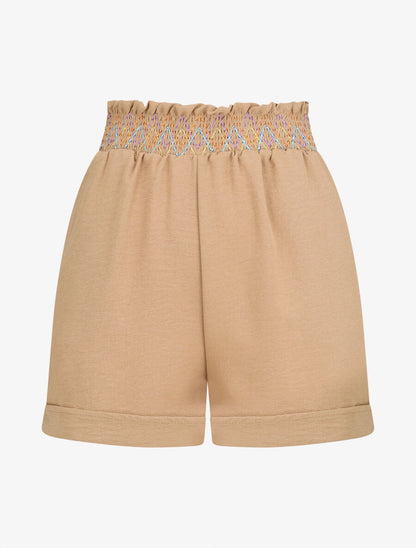 Short élastiqué uni à revers - Camel - 4