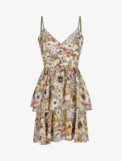 Robe patineuse courte à volants imprimé fleuri - Vert olive - 1