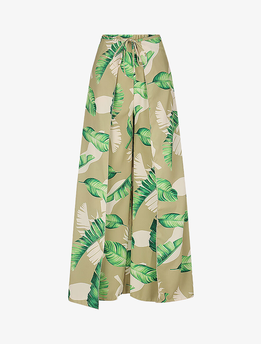 Pantalon à pans à nouer imprimé feuilles - Vert - 4