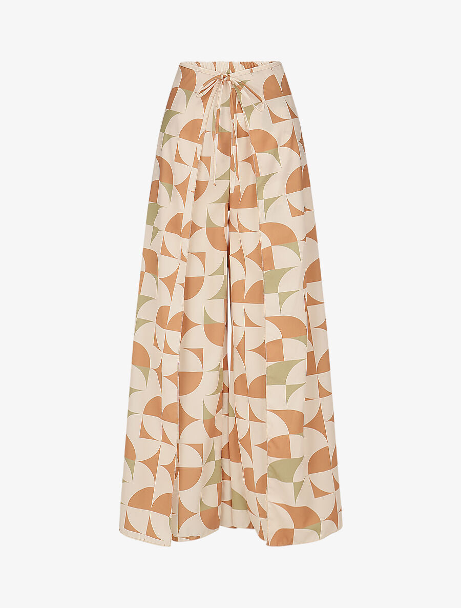 Pantalon à pans à nouer imprimé rétro - Beige - 1