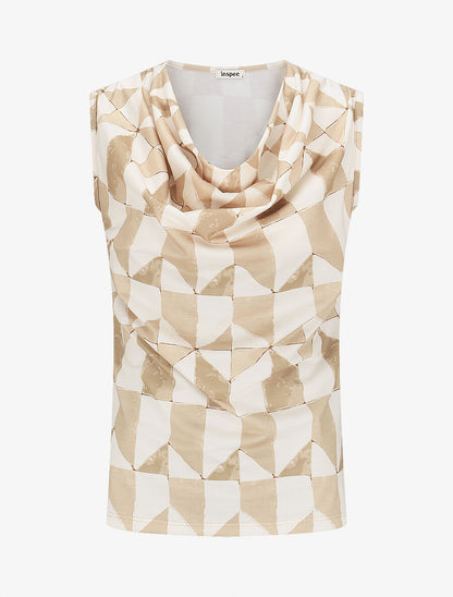 Top sans manches col bénitier imprimé graphique - Beige - 5