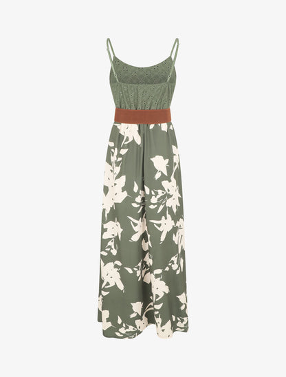Robe longue bi-matière imprimé floral - Kaki - 2