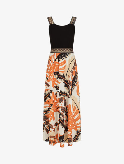 Robe longue à bretelles imprimé tropical - Noir - 1