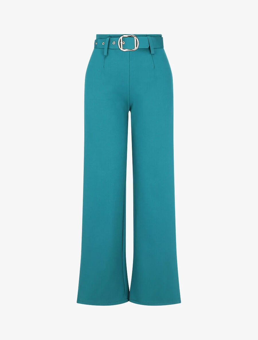 Pantalon uni ceinturé - Bleu canard - 1
