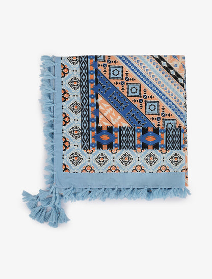 Foulard carré à imprimé aztèque et bords à pompons - Bleu clair - 2