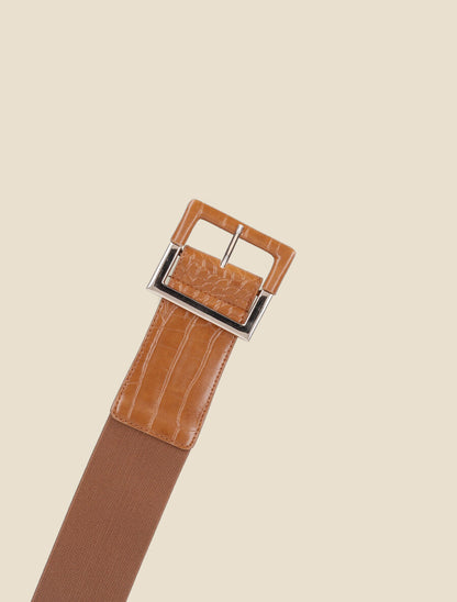 Ceinture croco à boucle carrée - Camel - 2