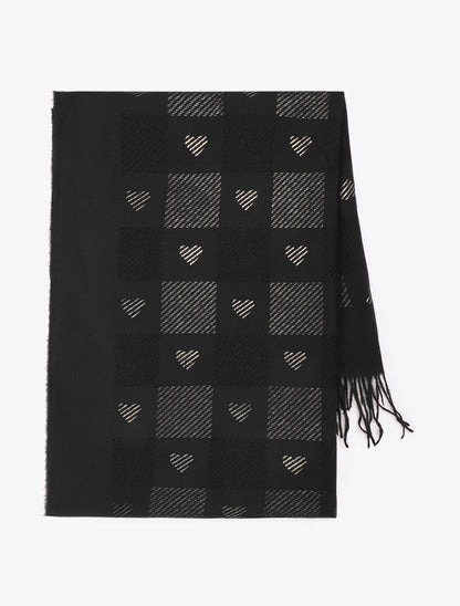 Echarpe à carreaux et motif coeur - Noir - 2