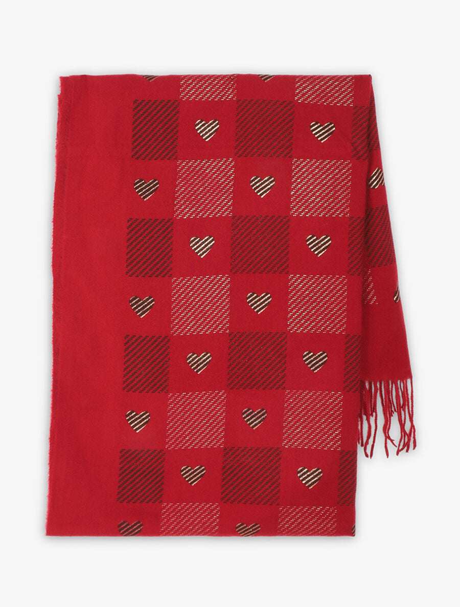 Echarpe à carreaux et motif coeur - Rouge - 2