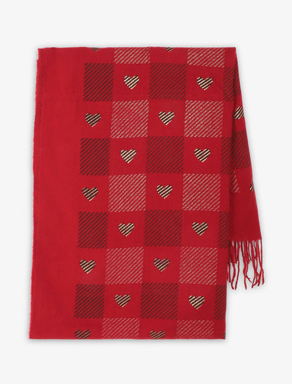 Echarpe à carreaux et motif coeur - Rouge - 2