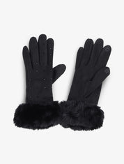 Gants en suédine à détails strass et fausse fourrure - Noir - 1