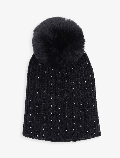 Bonnet côtelé à perles et pompon - Noir - 1