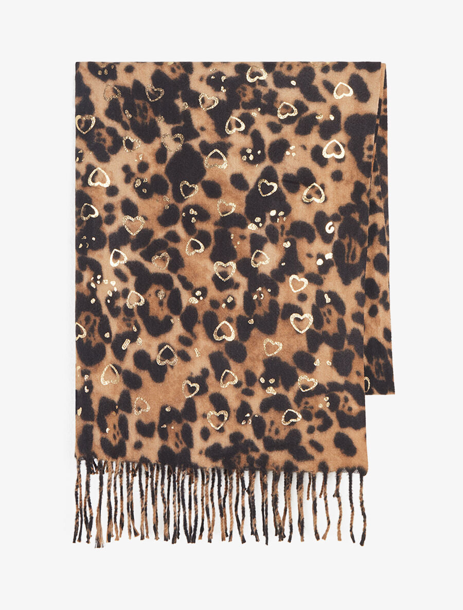 Foulard épais imprimé léopard et cœurs nacrés - Camel - 2