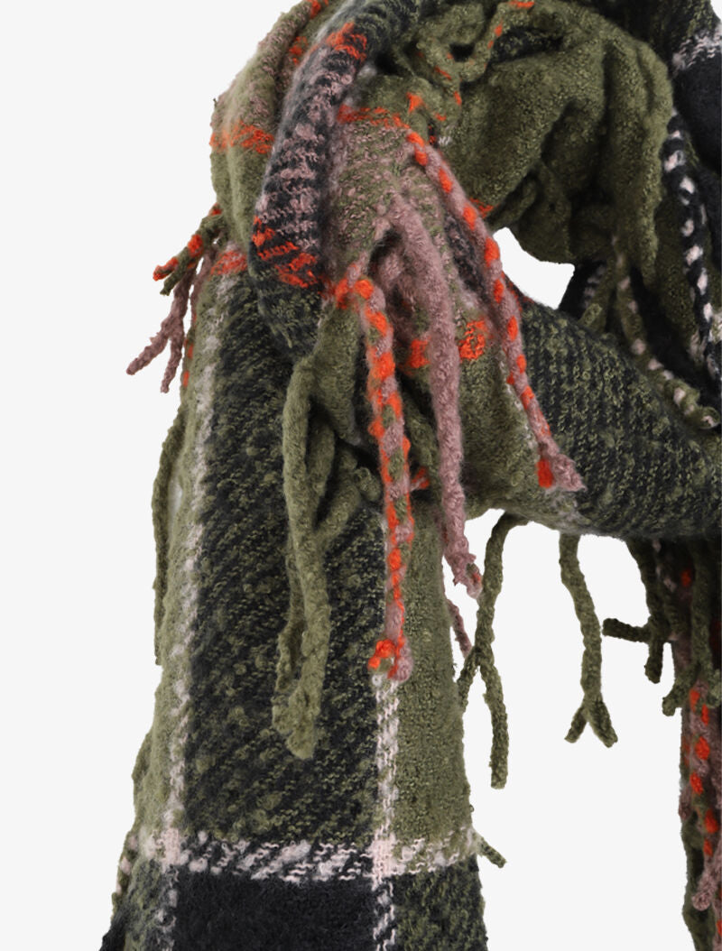 Echarpe à carreaux et franges - Vert olive - 3